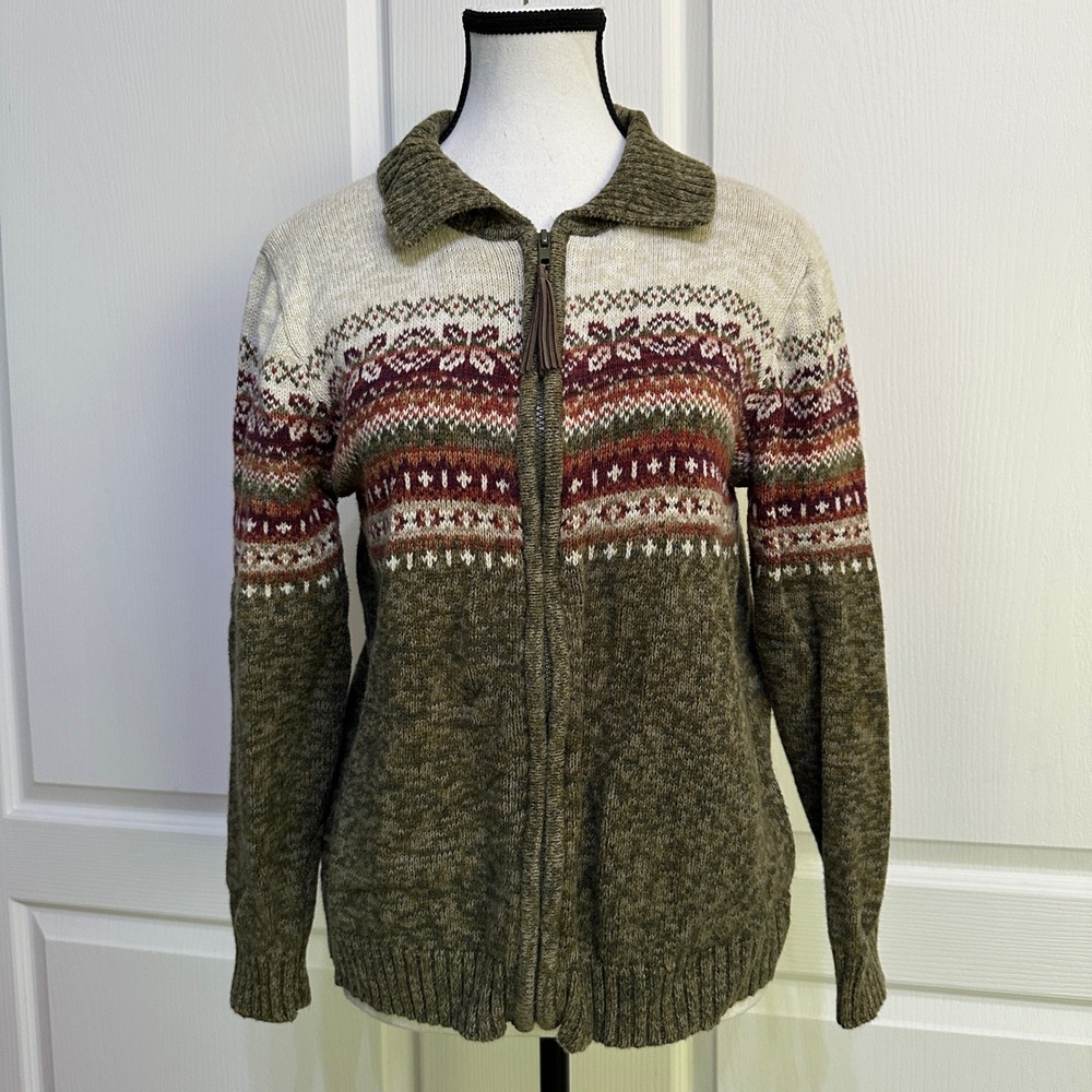 VTG Heirloom Collectibles Cardigan Sweater S Green Fair Isle Zip Up Cottagecore